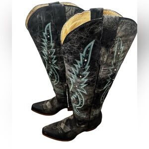 Valentina Tall Leather Black/ Blue Embroidered Cowboy Boots- size 9 - NWOT